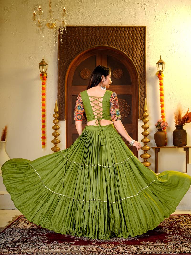 Green Cotton Readymade Lehenga Choli with Thread & Sequin Work