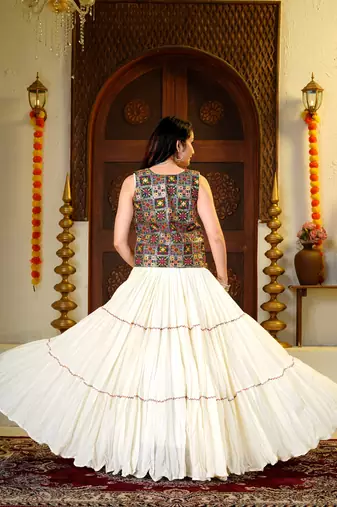 Off White Cotton Readymade Lehenga Choli with Mirror & Embroidery Work