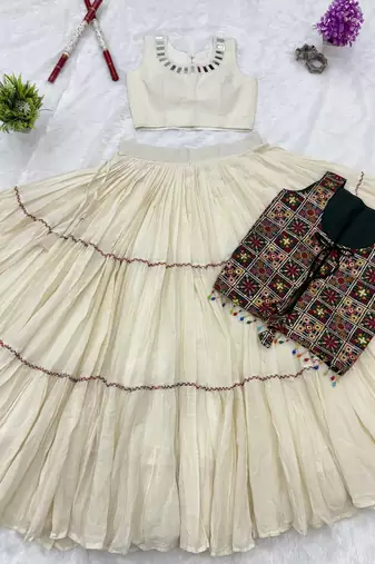 Off White Cotton Readymade Lehenga Choli with Mirror & Embroidery Work