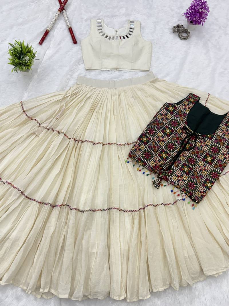 Off White Cotton Readymade Lehenga Choli with Mirror & Embroidery Work