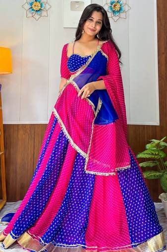 Blue & Rani Grorgette Readymade Printed Lehenga Choli with Bandhej work