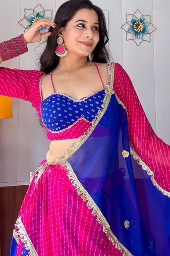 Blue & Rani Grorgette Readymade Printed Lehenga Choli with Bandhej work