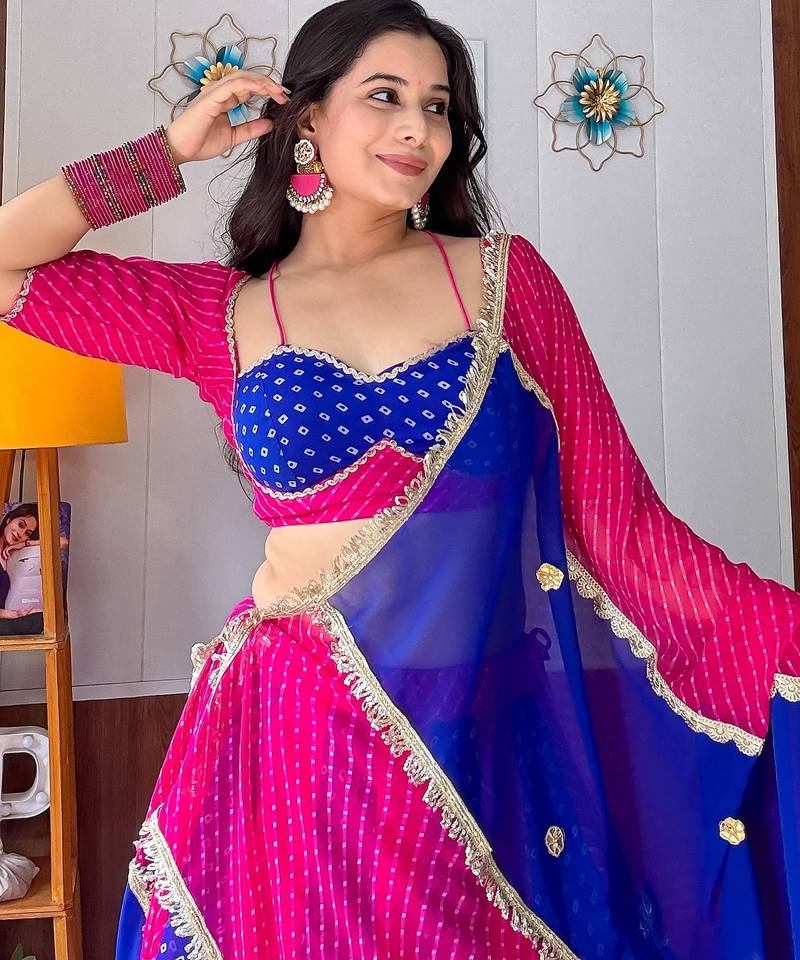 Blue & Rani Grorgette Readymade Printed Lehenga Choli with Bandhej work