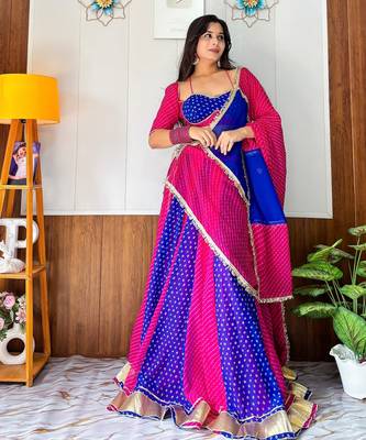 Blue & Rani Grorgette Readymade Printed Lehenga Choli with Bandhej work 3