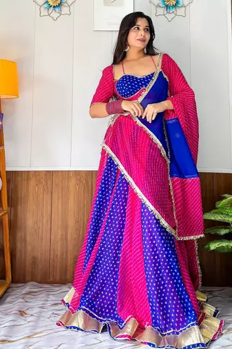 Blue & Rani Grorgette Readymade Printed Lehenga Choli with Bandhej work