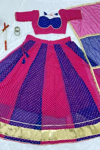 Blue & Rani Grorgette Readymade Printed Lehenga Choli with Bandhej work