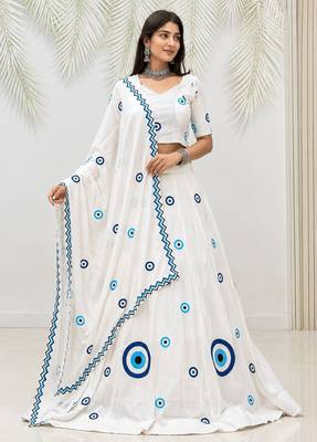 White Cotton Readymade Lehenga Choli with Thread Work 1