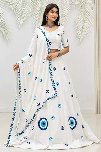 White Cotton Readymade Lehenga Choli with Thread Work