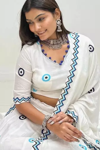 White Cotton Readymade Lehenga Choli with Thread Work