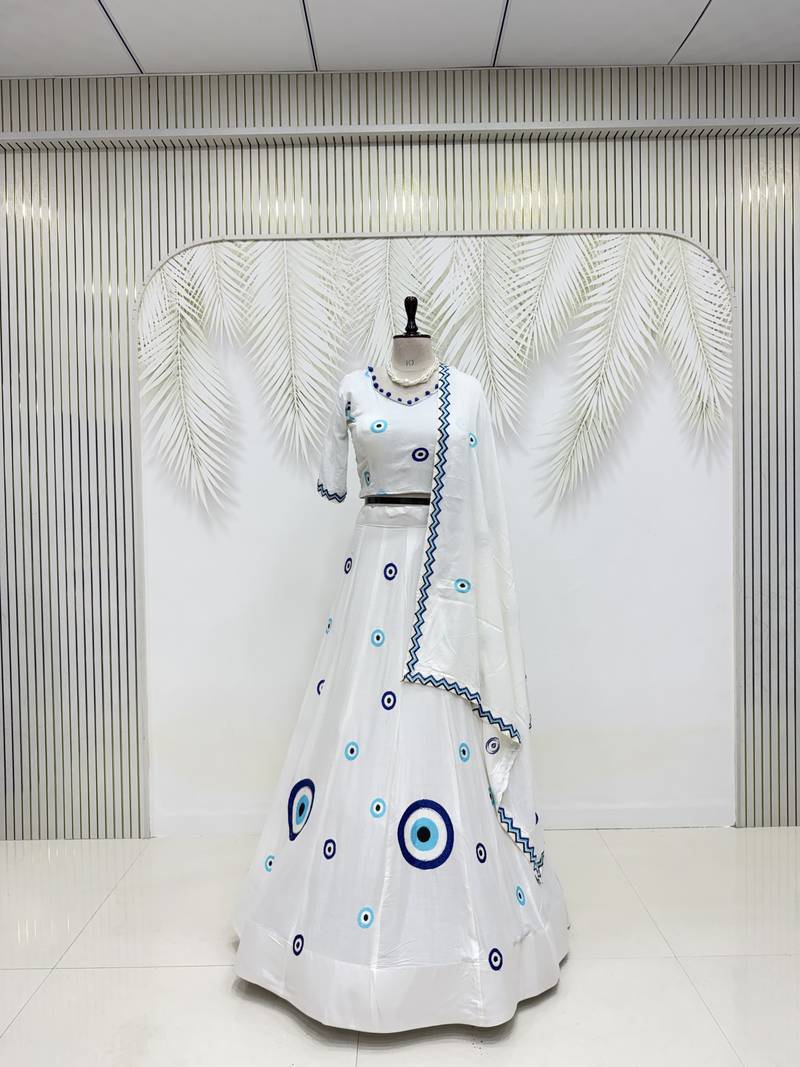 White Cotton Readymade Lehenga Choli with Thread Work