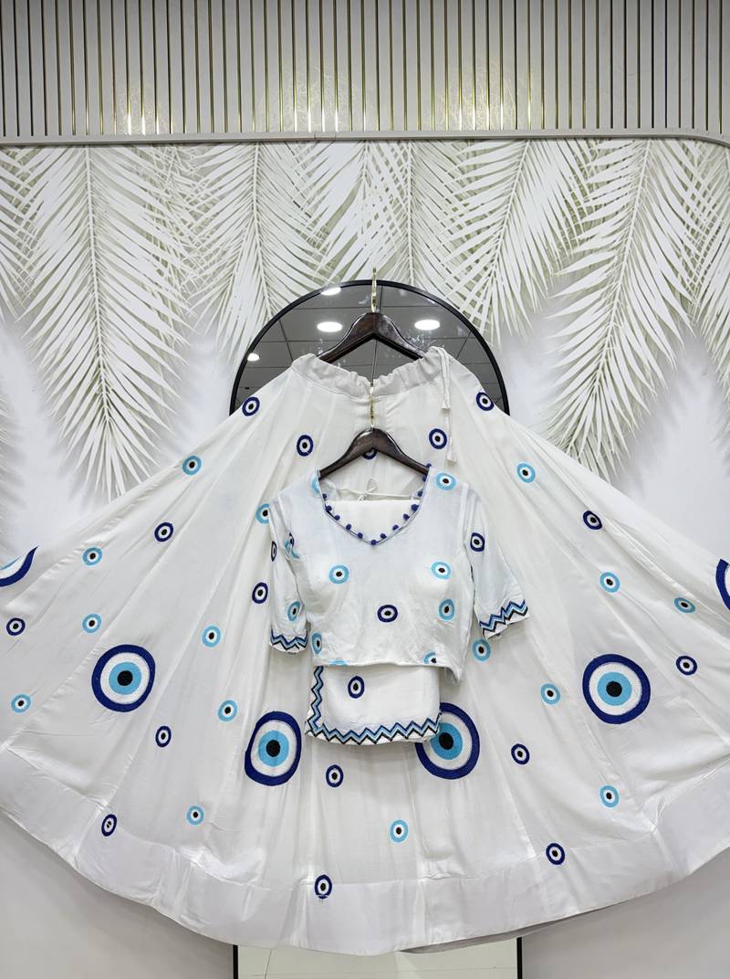 White Cotton Readymade Lehenga Choli with Thread Work