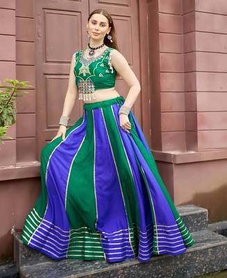 Emerald & Blue Cotton Readymade Lehenga Choli with Embroidery & Sequin Work 1