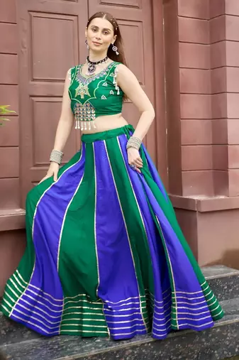 Emerald & Blue Cotton Readymade Lehenga Choli with Embroidery & Sequin Work