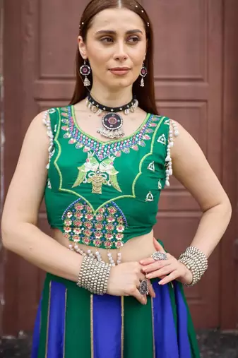 Emerald & Blue Cotton Readymade Lehenga Choli with Embroidery & Sequin Work