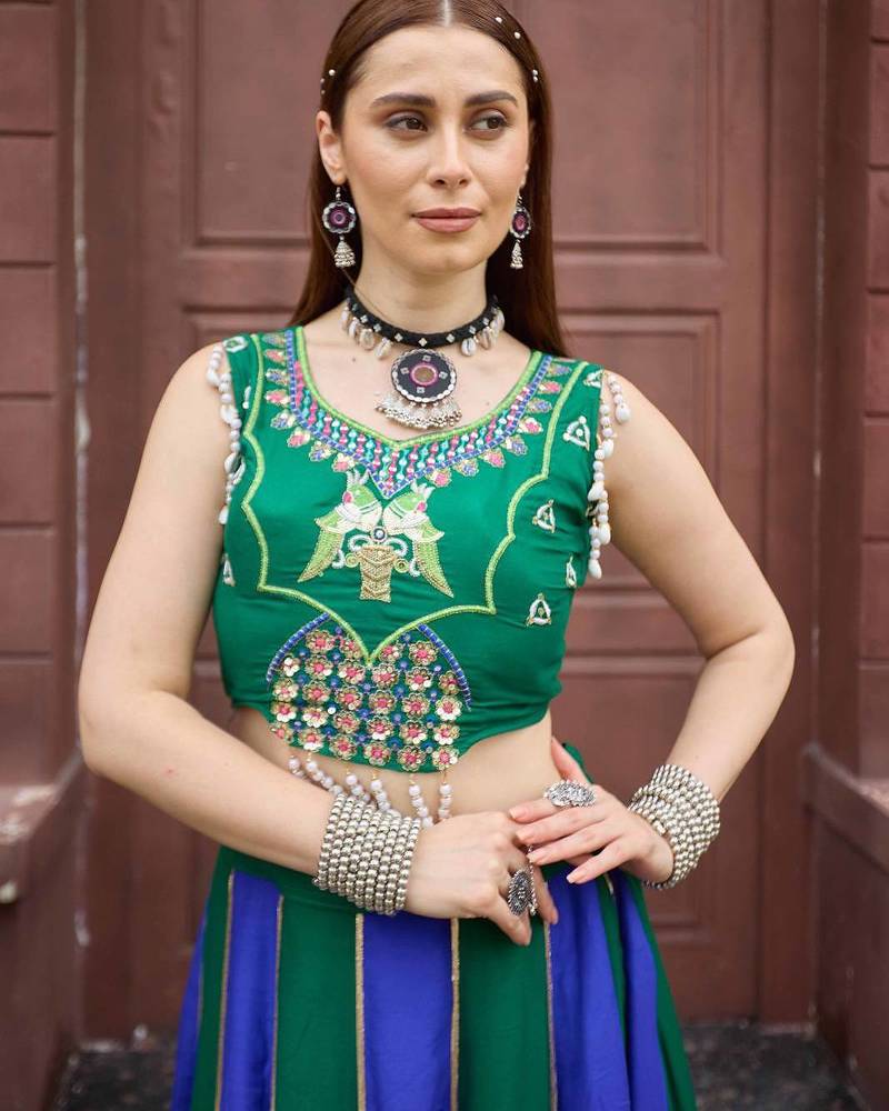 Emerald & Blue Cotton Readymade Lehenga Choli with Embroidery & Sequin Work