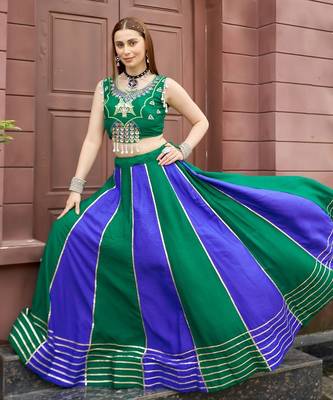 Emerald & Blue Cotton Readymade Lehenga Choli with Embroidery & Sequin Work 3