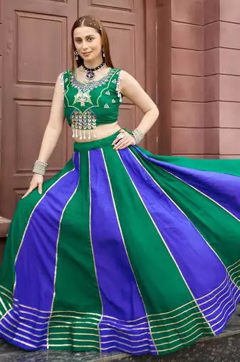 Emerald & Blue Cotton Readymade Lehenga Choli with Embroidery & Sequin Work