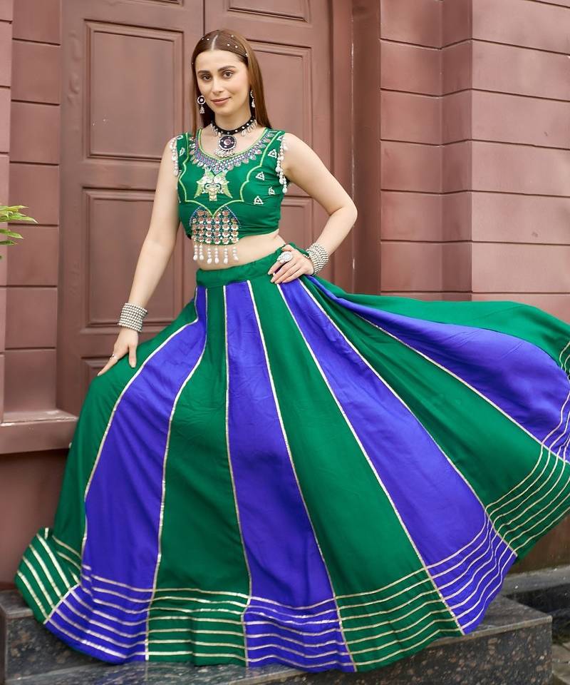 Emerald & Blue Cotton Readymade Lehenga Choli with Embroidery & Sequin Work