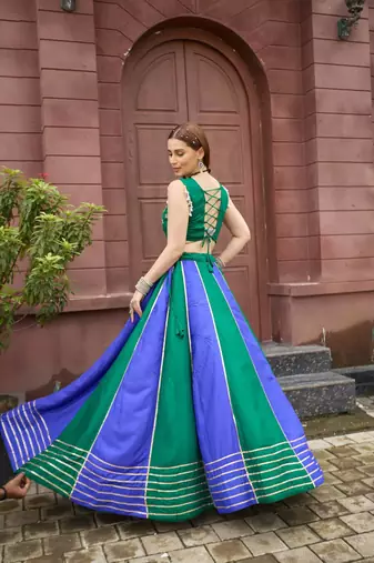 Emerald & Blue Cotton Readymade Lehenga Choli with Embroidery & Sequin Work