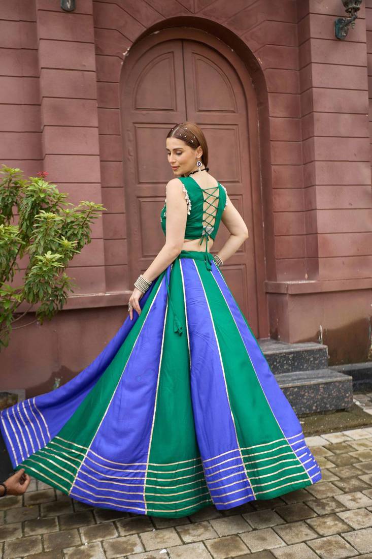 Emerald & Blue Cotton Readymade Lehenga Choli with Embroidery & Sequin Work
