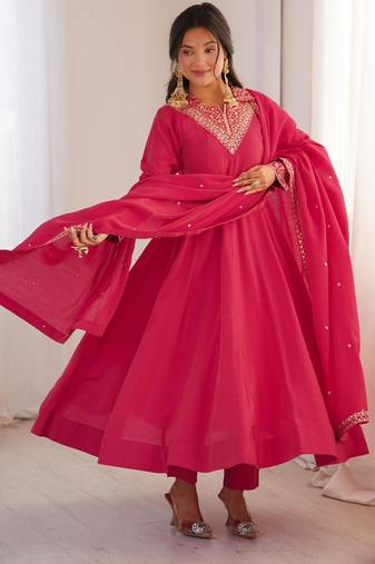 Women's Gorgeous Embroidery Work Roman Shimmer Silk Fabric Flared Anarkali Pant and Dupatta Set