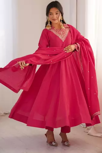 Women's Gorgeous Embroidery Work Roman Shimmer Silk Fabric Flared Anarkali Pant and Dupatta Set