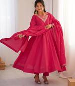 Women's Gorgeous Embroidery Work Roman Shimmer Silk Fabric Flared Anarkali Pant and Dupatta Set
