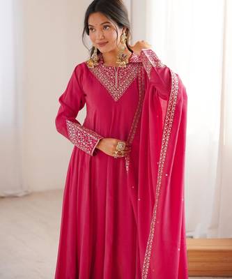 Women's Gorgeous Embroidery Work Roman Shimmer Silk Fabric Flared Anarkali Pant and Dupatta Set 2