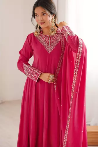 Women's Gorgeous Embroidery Work Roman Shimmer Silk Fabric Flared Anarkali Pant and Dupatta Set