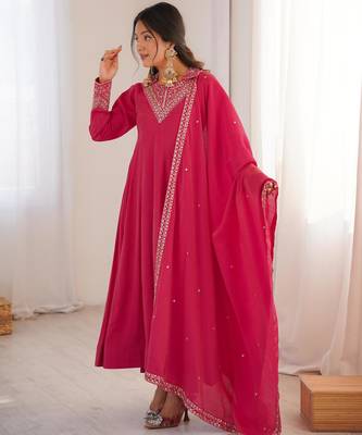 Women's Gorgeous Embroidery Work Roman Shimmer Silk Fabric Flared Anarkali Pant and Dupatta Set 3