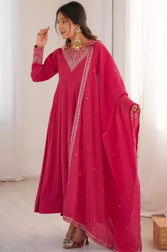 Women's Gorgeous Embroidery Work Roman Shimmer Silk Fabric Flared Anarkali Pant and Dupatta Set