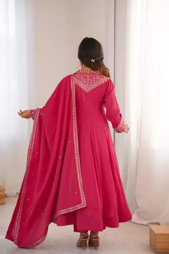 Women's Gorgeous Embroidery Work Roman Shimmer Silk Fabric Flared Anarkali Pant and Dupatta Set