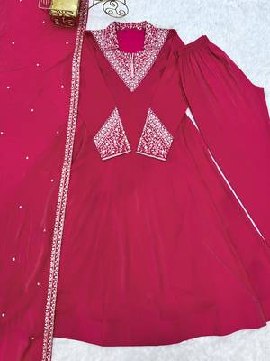 Women's Gorgeous Embroidery Work Roman Shimmer Silk Fabric Flared Anarkali Pant and Dupatta Set 5
