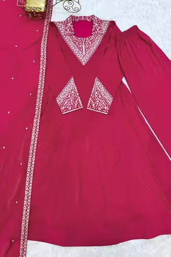 Women's Gorgeous Embroidery Work Roman Shimmer Silk Fabric Flared Anarkali Pant and Dupatta Set