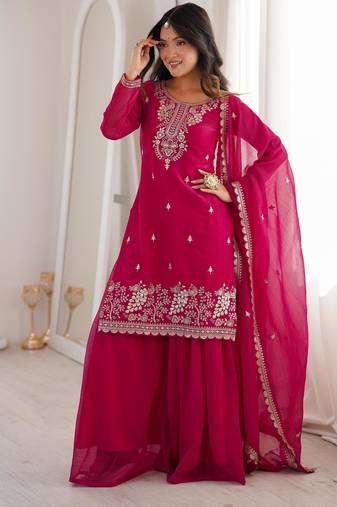 Women's Gorgeous Embroidery Work Crunchy Silk Fabric Straight Kurta Sharara and Dupatta Set
