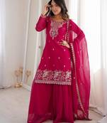 Women's Gorgeous Embroidery Work Crunchy Silk Fabric Straight Kurta Sharara and Dupatta Set