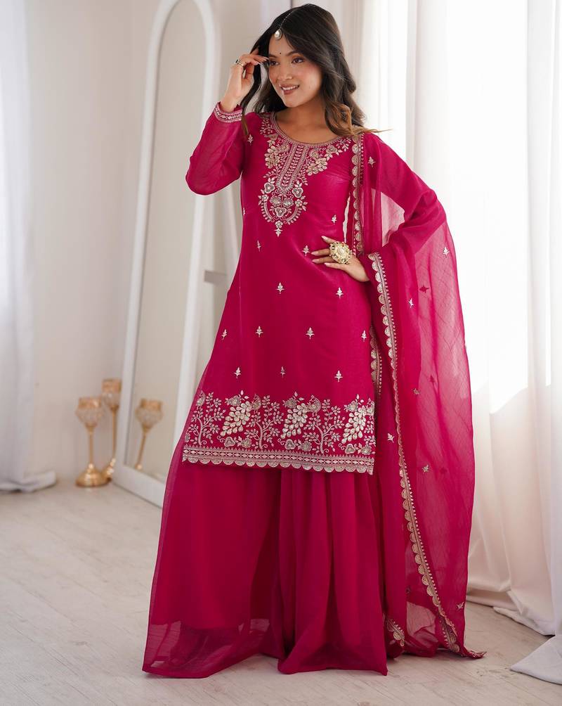 Women's Gorgeous Embroidery Work Crunchy Silk Fabric Straight Kurta Sharara and Dupatta Set