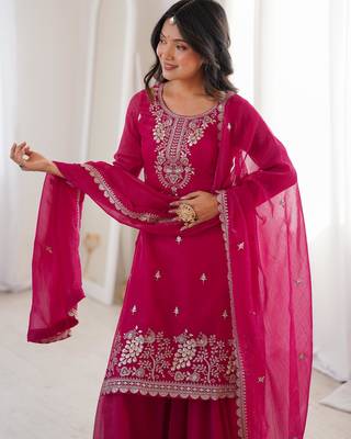 Women's Gorgeous Embroidery Work Crunchy Silk Fabric Straight Kurta Sharara and Dupatta Set 2