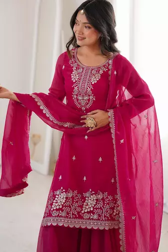 Women's Gorgeous Embroidery Work Crunchy Silk Fabric Straight Kurta Sharara and Dupatta Set