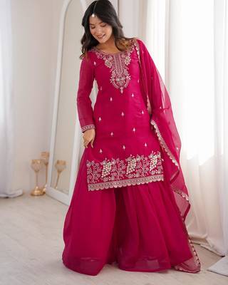 Women's Gorgeous Embroidery Work Crunchy Silk Fabric Straight Kurta Sharara and Dupatta Set 3