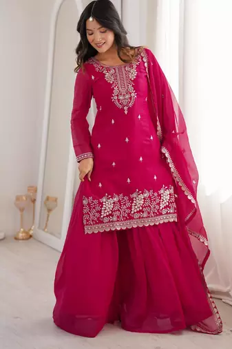 Women's Gorgeous Embroidery Work Crunchy Silk Fabric Straight Kurta Sharara and Dupatta Set