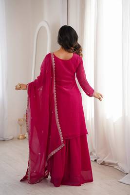 Women's Gorgeous Embroidery Work Crunchy Silk Fabric Straight Kurta Sharara and Dupatta Set 4
