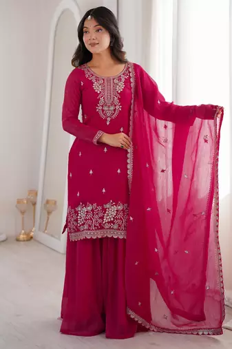 Women's Gorgeous Embroidery Work Crunchy Silk Fabric Straight Kurta Sharara and Dupatta Set