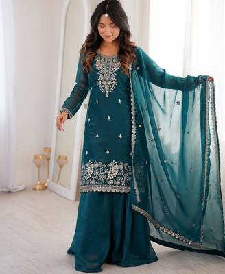 Women's Gorgeous Embroidery Work Crunchy Silk Fabric Straight Kurta Sharara and Dupatta Set 1