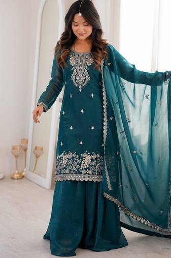 Women's Gorgeous Embroidery Work Crunchy Silk Fabric Straight Kurta Sharara and Dupatta Set