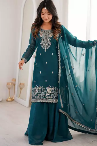 Women's Gorgeous Embroidery Work Crunchy Silk Fabric Straight Kurta Sharara and Dupatta Set