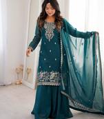 Women's Gorgeous Embroidery Work Crunchy Silk Fabric Straight Kurta Sharara and Dupatta Set