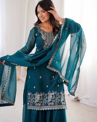 Women's Gorgeous Embroidery Work Crunchy Silk Fabric Straight Kurta Sharara and Dupatta Set 2