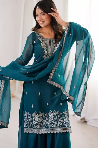 Women's Gorgeous Embroidery Work Crunchy Silk Fabric Straight Kurta Sharara and Dupatta Set