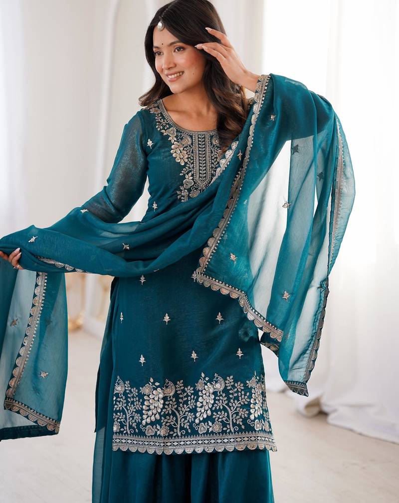 Women's Gorgeous Embroidery Work Crunchy Silk Fabric Straight Kurta Sharara and Dupatta Set